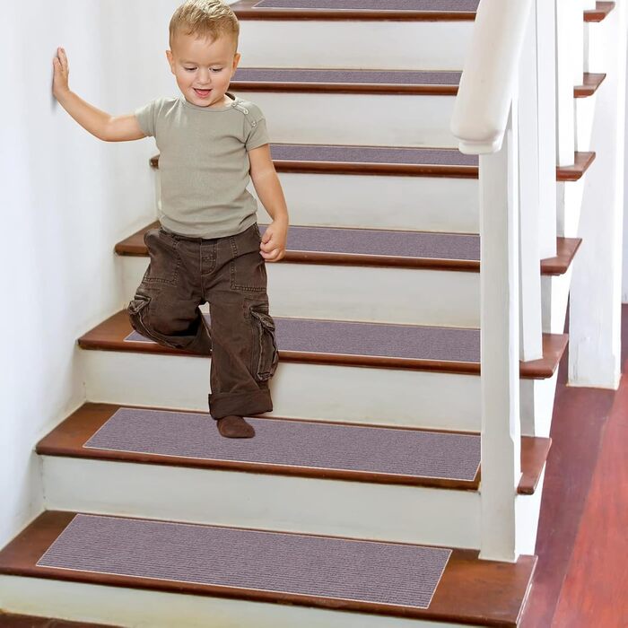 Сходинки 20 x 56 см, м&39який ворс, самоклеючі та протиковзкі, можна різати, багаторазові, 5 протиковзких сходинок, килимки для сходів для дітей та домашніх тварин, A