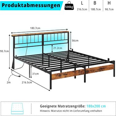 Каркас ліжка IRONCK 180x200, Ліжко зі світлодіодним підсвічуванням та розетками, Місце для зберігання речей під ліжком, 2 розетки змінного струму, 1 порт USB та 1 порт Type-C, Двоспальне ліжко з металевою рейковою основою, 180x200 см