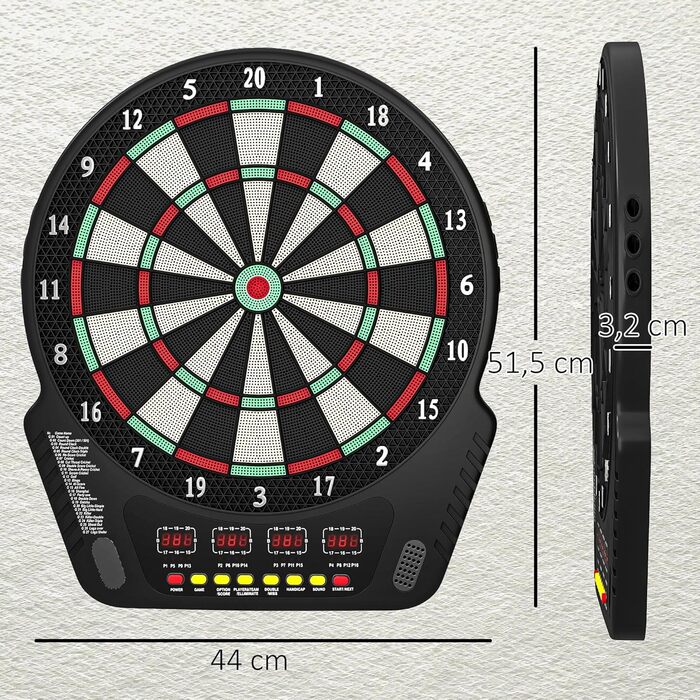 Набір електронних дротиків HOMCOM зі світлодіодним дисплеєм, автоматичним підрахунком очок, звуковими ефектами, 6 дротиків, 24 головки для дротиків, 27 ігор та 243 варіантами влучань для 16 гравців, 44 x 51,5 x 3,2 см