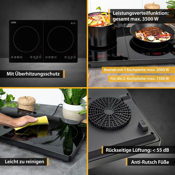 Перша індукційна плита Австрія подвійна 3500 Вт 10-ступінчастий контроль температури Таймер Батьківський контроль Кемпінг Мобільний двомісний чорний