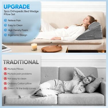 Клиноподібна подушка для ліжка та дивана, двошарова подушка для читання з піни з ефектом пам&39яті, регульована клиноподібна подушка, ергономічна подушка для голови, клиноподібна подушка для підтримки ніг та спини під час гри чи читання (сіра) (50*50*28 с