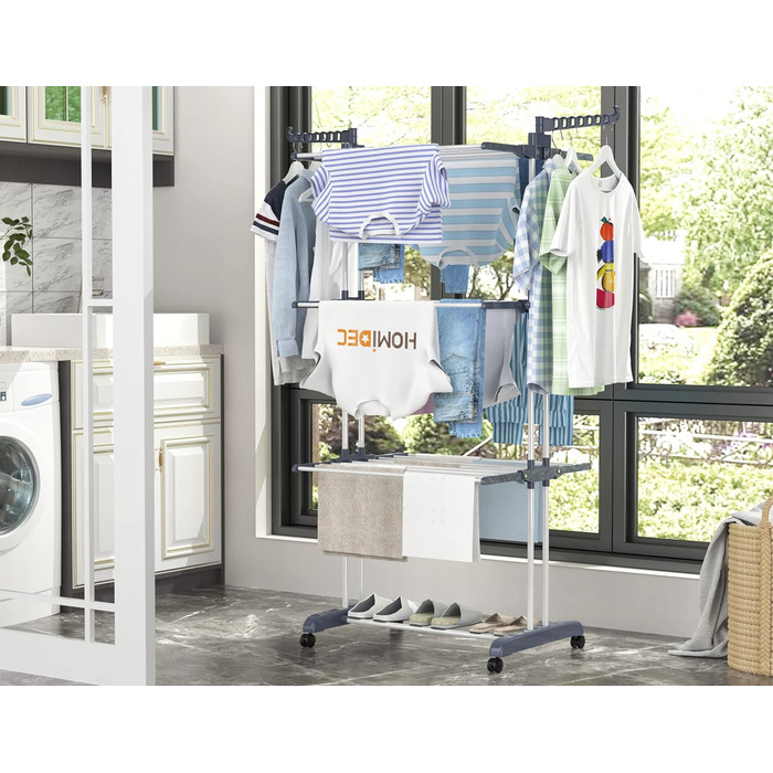 Сушарка для білизни HOMIDEC Сушарка для білизни на коліщатках, компактна - з 6 відкидними крилами і 2 обертовими бічними крилами,