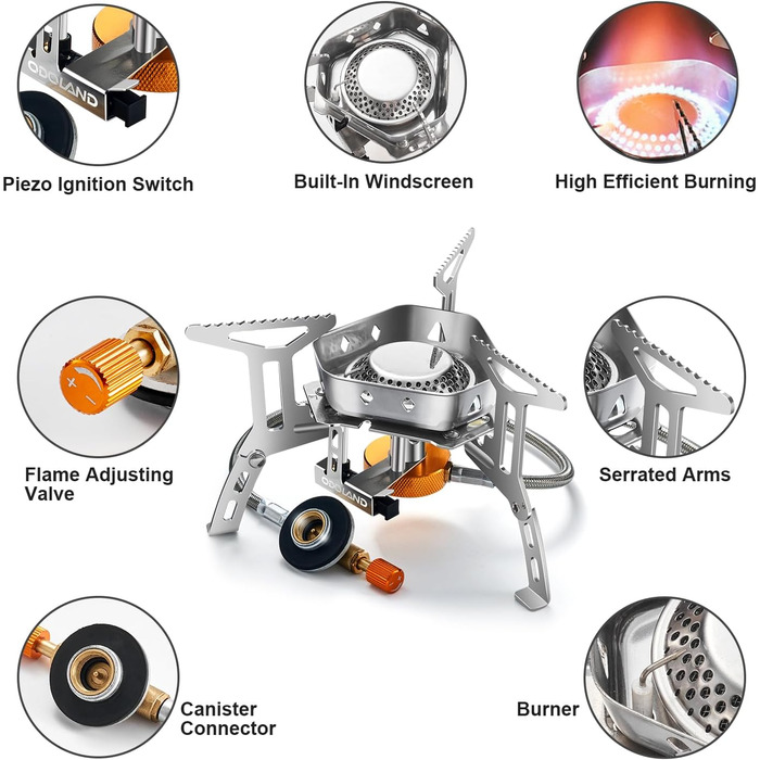 Газова кемпінгова плита Odoland потужністю 3500 Вт з п&39єзоелектричним запалюванням, вітрозахисна газова кемпінгова плита для всіх нагвинчуваних газових картриджних пальників, з адаптером, складна кемпінгова плита, червона з вітровим склом