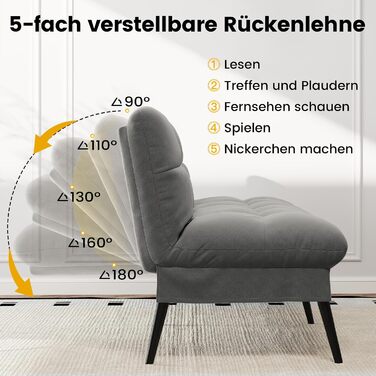 Місний диван-ліжко з функцією сну, чохол, футон, розкладний диван, кушетка-ліжко, кутовий диван, 5 регульованих кутів, ідеально підходить для квартир та віталень, тканина сірого кольору, 3-