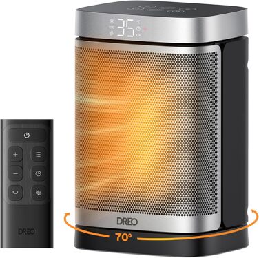 Енергозберігаючий малий електричний вентилятор-обігрівач Dreo, 1500 Вт з термостатом, коливальний електричний нагрівальний елемент 70, керамічний нагрівач PTC, тихий, режим ECO, 12-годинний таймер, захист від перегріву та перекидання, стандартний срібляст