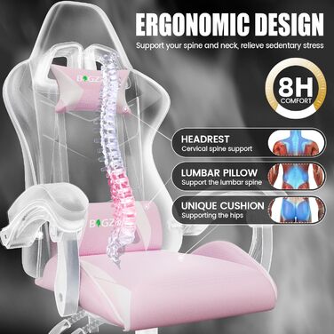 Ігрове крісло bigzzia, спинка з нахилом 90-135, ергономічне ігрове крісло з підголівником та підлокітниками, дихаюче комп&39ютерне крісло для підлітків, хлопчиків, дівчаток та дорослих, рожеве, базові стилі