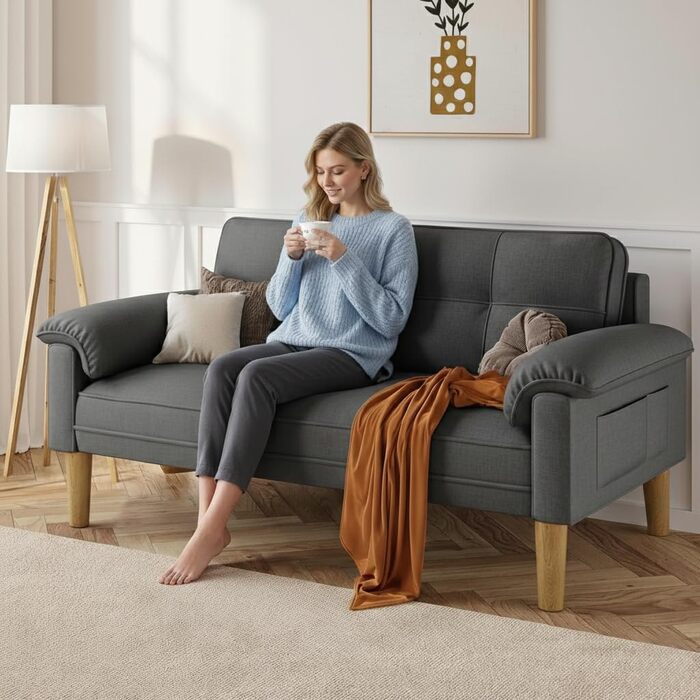 Місний диван Xbro, невеликий 2-місний диван з підлокітником та бічною кишенею, сучасний тканинний диван для вітальні, квартири, офісу, легке складання, 144 x 77 x 77 см, темно-сірий, 2-