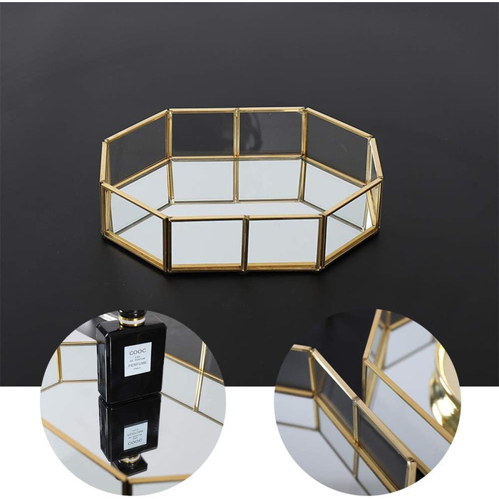 Скляний піднос Hggzeg золотистого кольору, багатокутний металевий, декоративний піднос, піднос для ювелірних виробів, парфумів, органайзер, піднос для макіяжу для туалетного столика, комода, ванної кімнати, спальні (маленький)