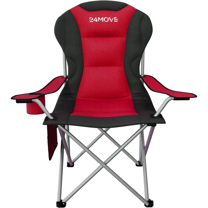 Складаний кемпінговий стілець 24MOVE, вантажопідйомність до 150 кг, складний рибальський стілець, м&39який стілець з підлокітниками, тримач для напоїв кишеня, висока спинка, пляжний стілець, складаний табурет, червоний