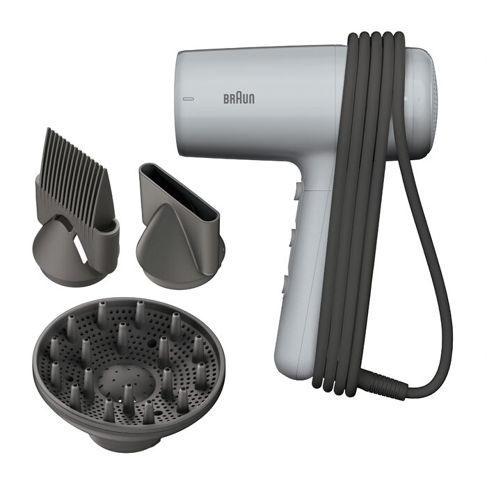 Фен Braun HD2.35 Styling Set легкий фен з дифузором, гребінцем-вирівнювачем та стилізуючою насадкою для всіх типів волосся, технологія IONTEC, 2200 Вт, 3 температури та 2 швидкості, сірий, BRHD235E