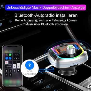 Автомобільний адаптер Bluetooth GizmoVine, FM-передавач автомобіля з двома портами USB QC 3.0 Type-C PD швидка зарядка, підтримка мобільного телефону гучного зв'язку, музичний MP3-плеєр, SD-карта, 7 режимів RGB-підсвічування BC63 36 Вт - сріблястий