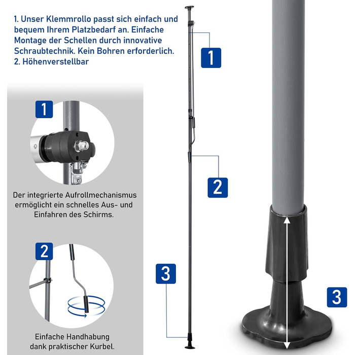 Тент LEADZM із затискачем, ширина 200 см, невеликий балконний тент без свердління, водонепроникний, сонцезахисний, стійкий до ультрафіолету, регульований по висоті за допомогою ручного приводу, для тераси, балкона, багатоквартирного будинку, саду, магазин