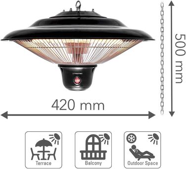 Стельовий радіаційний обігрівач TROTEC Design IR 1500 SC для патіо Інфрачервоний радіаційний обігрівач 3 режими нагріву 500 Вт / 1000 Вт / 1500 Вт Корисна площа 10 м Стельовий монтаж Енергоефективний