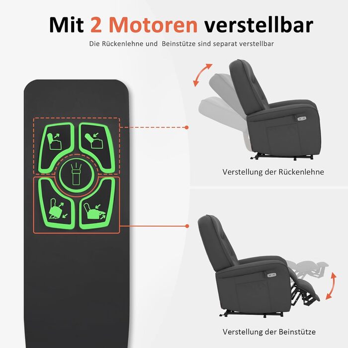 Крісло для телевізора M MCombo з електричним підйомником, 2 двигуни, з масажем та підігрівом, реклайнер з функцією лежання до 160, подушка сидіння з повного пінополіуретану 35D 7584 (мікрофібра, сірий)