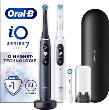 Електрична зубна щітка/електрична зубна щітка Oral-B IO Series, подвійна упаковка та 3 щітки, 5 режимів чищення для догляду за зубами, магнітна технологія, дисплей і дорожній кейс, білий алебастр/чорний онікс Новий подвійний пакет одинарний