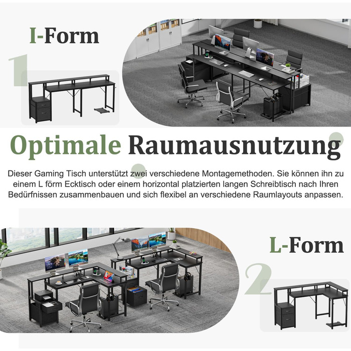 Кутовий письмовий стіл YOUDENOVA з шухлядами, L-подібний, 168x100 см, ігровий стіл зі світлодіодним підсвічуванням, комп&39ютерний стіл з розеткою та портом зарядки USB, офісний стіл, чорний, 168*100*88,5 см