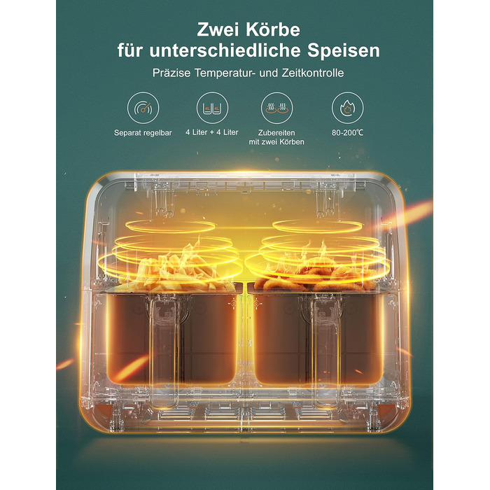 Двозонна фритюрниця Innsky двокамерна 8 л, 8 програм подвійна фритюрниця, фритюрниця з 2 кошиками, фритюрниця гаряче повітря без олії, подвійне приготування, синхронізація готової технології, режим струшування X-Large