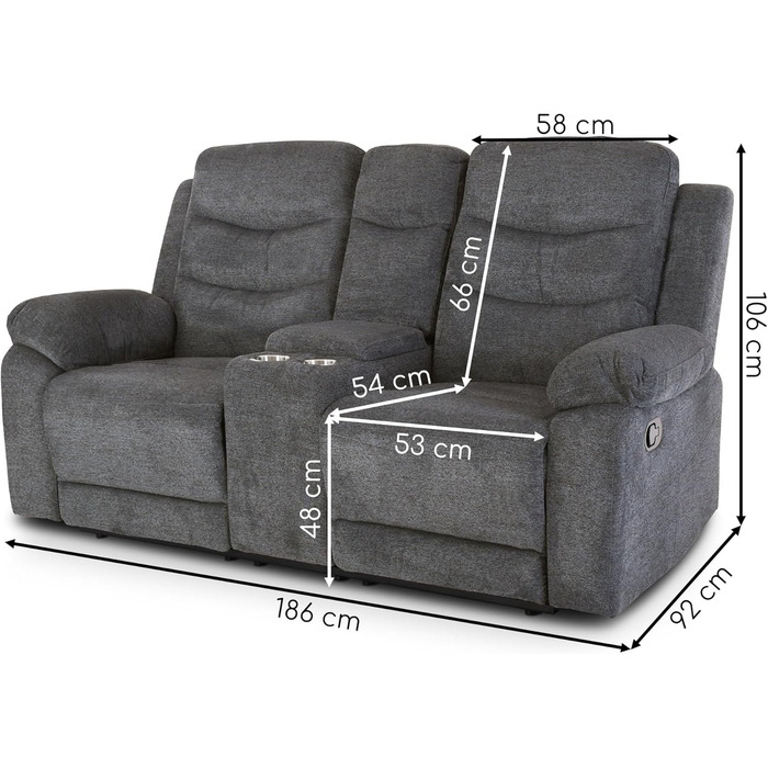 Крісло для кіно Raburg, 2-місне крісло для телевізора з механічною функцією розслаблення та відкидання, легким підйомом, підстаканником, відділенням для закусок, комфортною підкладкою, вантажопідйомністю 130 кг на сидіння Pixx, мікрофібра Темно-сірий Темн