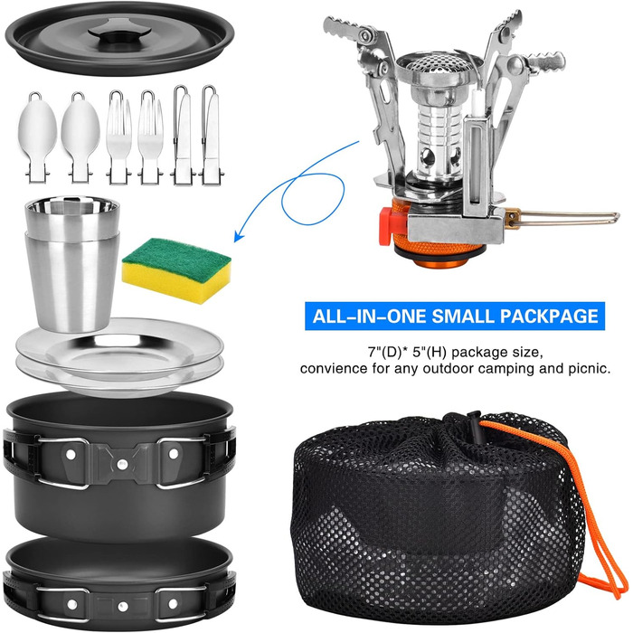 Набір посуду Queta для кемпінгу на 17 предметів каструлі та сковорідки для пікніка, походів та приготування їжі на 2-3 особи. Сертифікований FDA