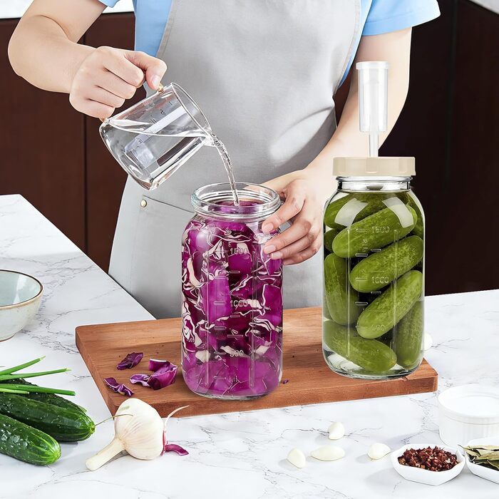 Банки для ферментації, упаковка з 2 шт., місткість 2 л, контейнери для кімчі з гідрозатвором та індикатором дати, банки для ферментації з широким горлом, ідеально підходять для ферментації кімчі, квашеної капусти, закваски, 2 л (з індикатором дати)