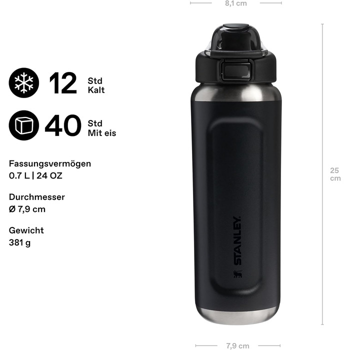 Пляшка STANLEY Wellspring 0,7 л - Зберігає напої холодними протягом 12 годин - Зберігає напої крижаними протягом 40 годин - Пляшка з переробленої нержавіючої сталі без бісфенолу А - Герметична - Можна мити в посудомийній машині - Чорна 2.0