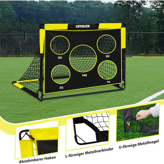 Футбольні ворота для саду, дитячі футбольні ворота 2 в 1, висувні футбольні ворота з лунками для ударів та сумкою для перенесення, кілки для землі, покращення - жовті - 120x90x90
