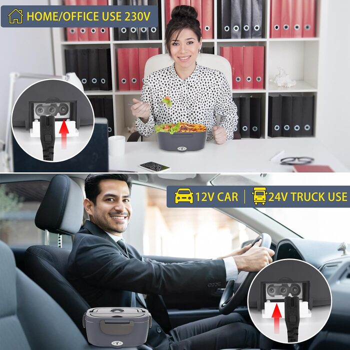 Електричний ланч-бокс 80 Вт Heatbox 1,5 л Портативний термобокс 3-в-1, герметичний ланч-бокс для дорослих, 12 В/24 В/230 В, знімні ізольовані харчові контейнери для автомобіля, вантажівки, офісу, дому, сірий, підключається до мережі