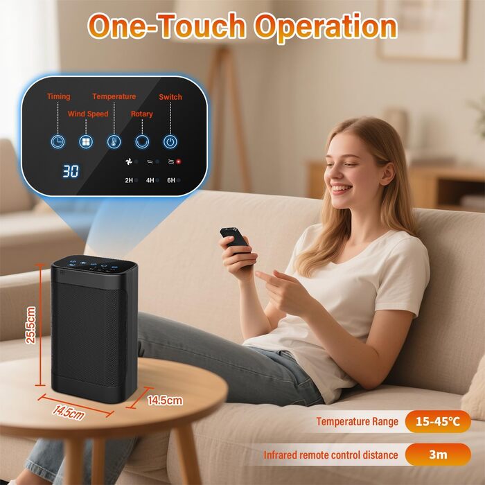 Електричний обігрівач потужністю 1500 Вт з дистанційним керуванням, керамічний нагрівальний елемент PTC, тиха робота з коливаннями 70, захист від перегріву та перекидання, 12-годинний таймер, для використання в приміщенні