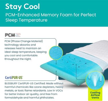 Охолоджувальна подушка з піни з ефектом пам&39яті BLISSBURY, товщина 6,6 см, для сну на животі та на спині, розмір &quotqueen-size&quot, знімний чохол Cool-Tech, сертифікована CertiPUR-US охолоджувальна (біла)