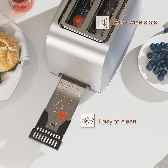 Тостер-2 слоти для тостів, тостер з нержавіючої сталі, тостер на 2 скибочки, 7 рівнів, функція розморожування, функція підігріву,