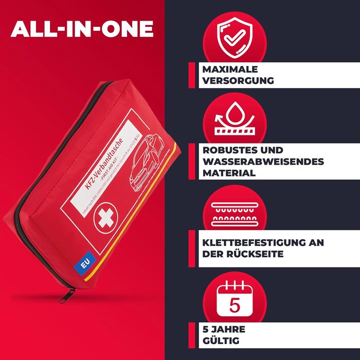 Автомобільна аптечка Автомобільна аптечка до 2029 року відповідає вимогам ЄС згідно з DIN 131642022 Аптечка Аптечка першої допомог