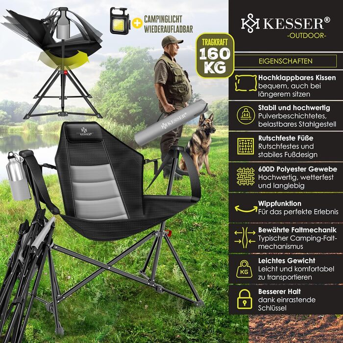 Складане крісло для кемпінгу KESSER, крісло-гойдалка (до 160 кг) Рибальське крісло, складне крісло, з м&39якою підкладкою та високою спинкою У комплекті ліхтарик для кемпінгу та тримач для напоїв Пляжне крісло з функцією гойдання, сірий/чорний