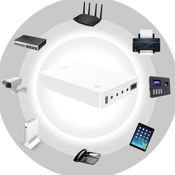 Міні-UPS для роутера, модему, камери з входом AC та виходами USB 5V DC 5V 9V 12V 3A (74Wh, білий)