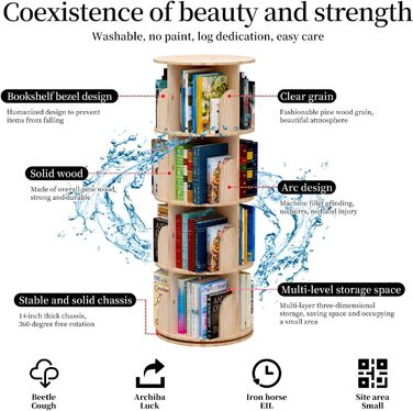 Поворотна книжкова полиця, стояча полиця, 360 градусів, полиця для зберігання в бібліотеці, спальні, вітальні, багатофункціональна книжкова полиця з масиву дерева (5 полиць)