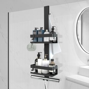 Підвісна полиця для душу з нержавіючої сталі SUS304, без свердління для скляних дверей без рами, тримач для шампуню та гелю для душу, чорний колір (Стиль А)