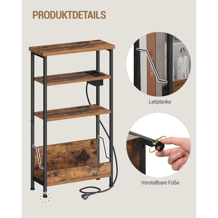 Вузький бічний столик Hzuaneri, 4-ярусний бічний столик для дивана з тримачем для журналів та зарядними розетками, підходить як тумбочка для вітальні або кабінету, вінтажний коричнево-чорний ET40001BEU