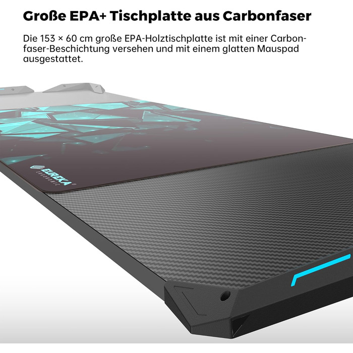 Ергономічний ігровий стіл Eureka 153 60 см, великий ігровий письмовий стіл зі світлодіодним підсвічуванням, ігровий ПК-стіл на карбоновому волокні