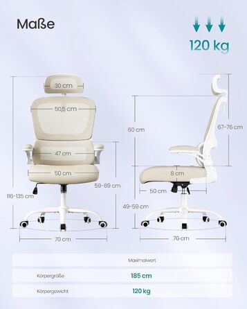 Офісне крісло SONGMICS, стілець для столу, ергономічне сітчасте крісло, з двошаровою сітчастою тканиною, повітропроникне, адаптивна поперекова підтримка, регульований підголівник, для домашнього офісу, пісочно-бежевий OBN041L01 Пісочно-бежевий подвійна сп