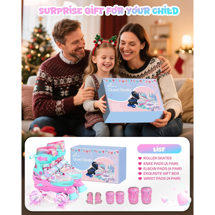 Роликові ковзани Sportneer для дівчаток, EU 23-36, райдужні роликові ковзани для дітей, 4 регульовані розміри із захисним спорядженням, роликові ковзани для початківців, подарунки на Різдво та день народження, рожеві XS (EU 23-26)