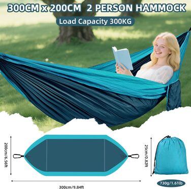 Гамак для кемпінгу на відкритому повітрі, вантажопідйомність 300 кг (300 x 200 см), одинарний або подвійний, надлегкий, портативний, дорожній гамак, садовий, пляжний, подвійний гамак, гамак-парашут, нейлоновий, дихаючий, зелений
