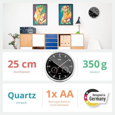 Кварцовий настінний годинник Mebus з термометром і гігрометром / срібна рамка / чорний циферблат / діаметр 25 см / круглий / модел