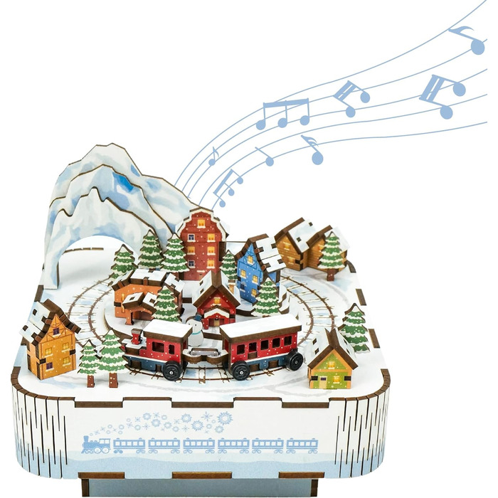 Музична скринька Tonecheer Дерев'яний 3D-пазл, набір моделей для сім'ї котів своїми руками для дорослих, обертова музична шкатулка, дерев'яна головоломка Подарунки для прикраси будинку Подарунок на день народження Різдвяні підлітки (Сніговий поїзд)