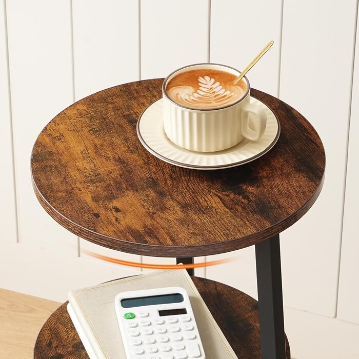 Круглий бічний столик HOOBRO, трирівнева тумбочка з полицями та тканинною кишенею, журнальний столик для невеликих приміщень, столик-диван, столик для перекусу, для вітальні, спальні, вінтажний коричневий та чорний EBFB169BZ01