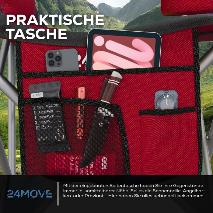 Складаний кемпінговий стілець 24MOVE, вантажопідйомність до 150 кг, складний рибальський стілець, м&39який стілець з підлокітниками, тримач для напоїв кишеня, висока спинка, пляжний стілець, складаний табурет, червоний