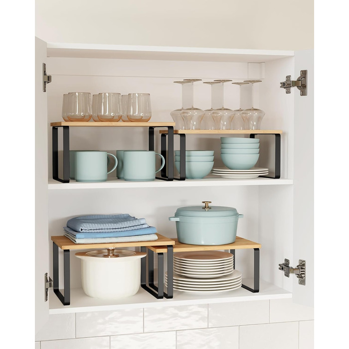 Стійка для спецій, Набір з 4 шт. , Кухонна полиця, Кухонний органайзер, Розширювана, Штабельований тримач для спецій, З металевою рамкою, 19,5 x 29,7 x 15,8 см, Чорнило-чорний - Натуральний бежевий KCS10NB Чорнило-чорний Натуральний бежевий 29,7B см