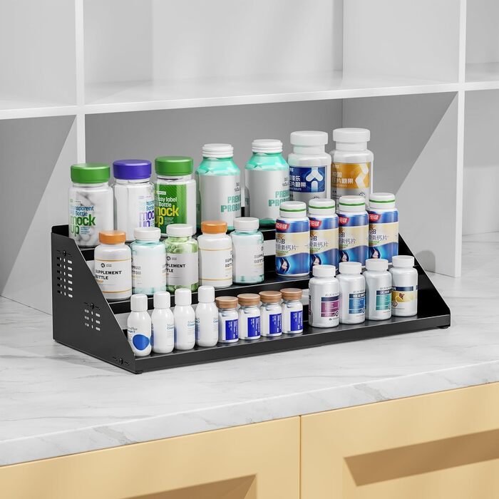 Рівнева підставка для спецій, органайзер для кухонних полиць, органайзер для спецій, розширюваний металевий органайзер для кухонних шаф від 34 см до 55 см, для стільниць, кухні, їдальні - чорний, 3-