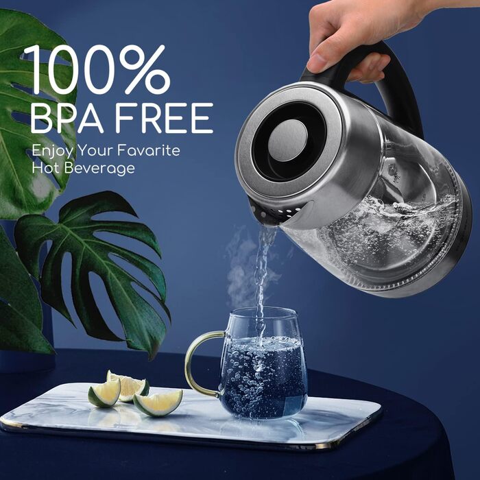 Скляний чайник Aigostar з регулюванням температури 1,7 л, чайник 2-в-1 з ситечком з нержавіючої сталі, вибір температури 60-100C,