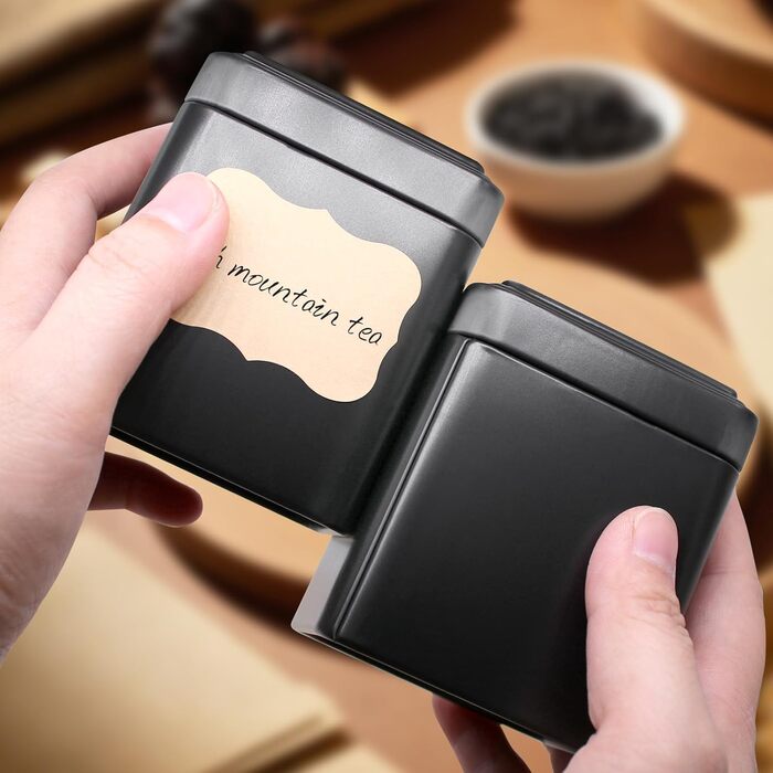 Класичних квадратних чайних банок 7 7 8,5 см для розсипного чаю, металеві чайні банки чорного кольору, включаючи 20 етикеток, для чаю, кавових зерен, спецій, 12