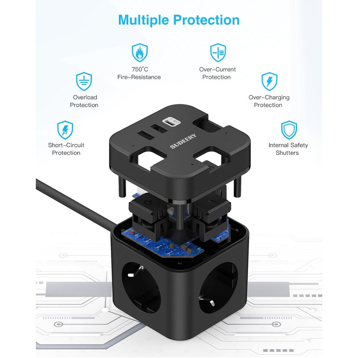 Куб розетки з USB C, 3 відділення з декількома розетками, плоска вилка з одним перемикачем, подовжувач з кабелем довжиною 2 м, 1 в