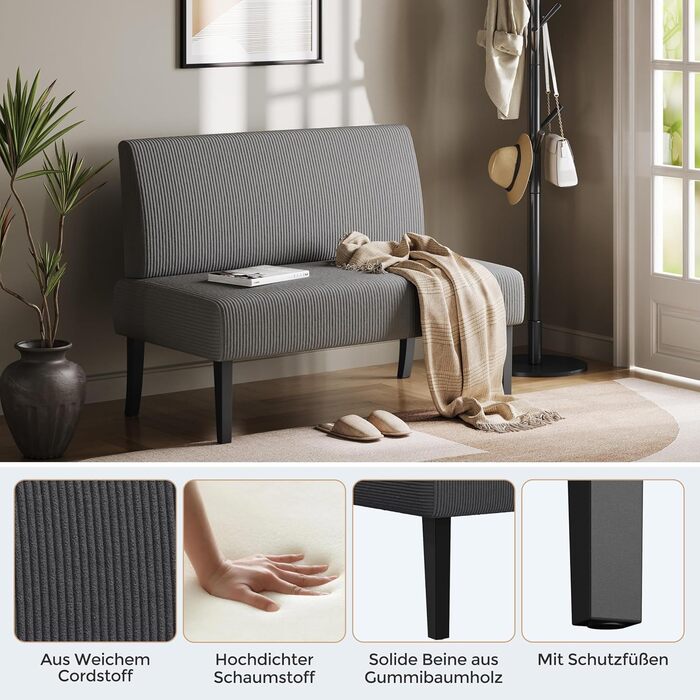 Кухонний диван Yaheetech 2-місний, лава, м&39який диван з вельветової тканини, подвійний диван без підлокітників, тканинний диван, диван-гойдалка для вітальні/передпокою/офісу, сірий